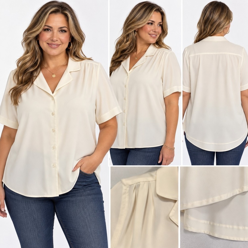 Vintage Y2K Preston & York Womens 16 Ivory Blouse Pleated Shoulder Career Top